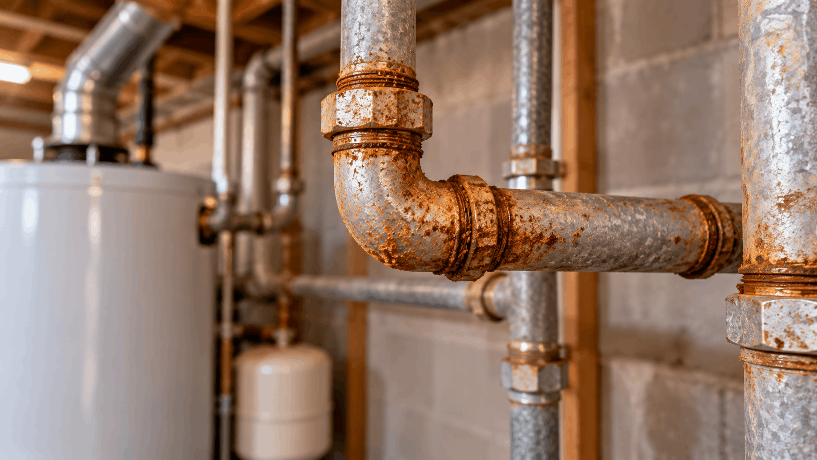 Heavily corroded rusty galvanized pipes and fittings in Las Vegas basement utility room