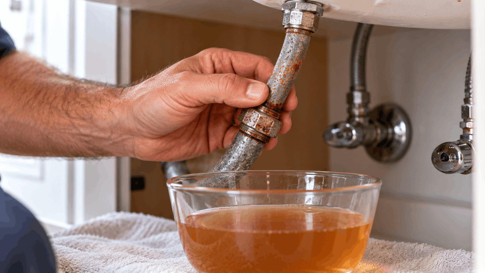 Plumber draining rusty water from corroded galvanized pipe into glass bowl under sink