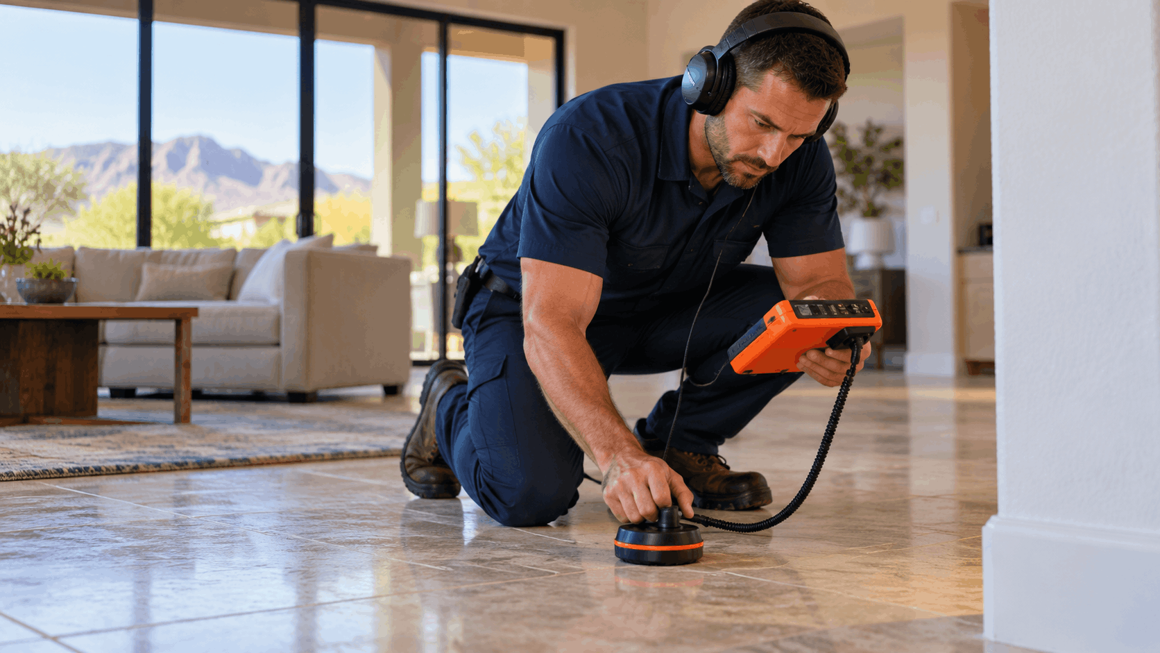 Plumber using acoustic listening device to detect slab leak beneath tile floor