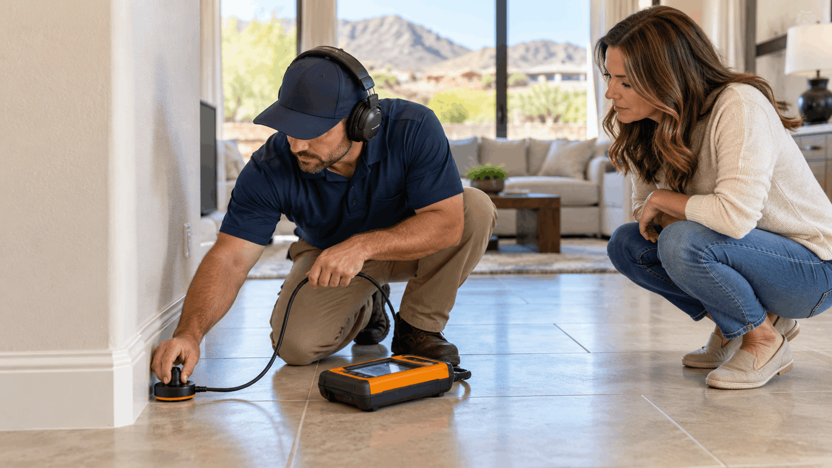 Plumber using acoustic leak detection equipment on tile floor with homeowner watching