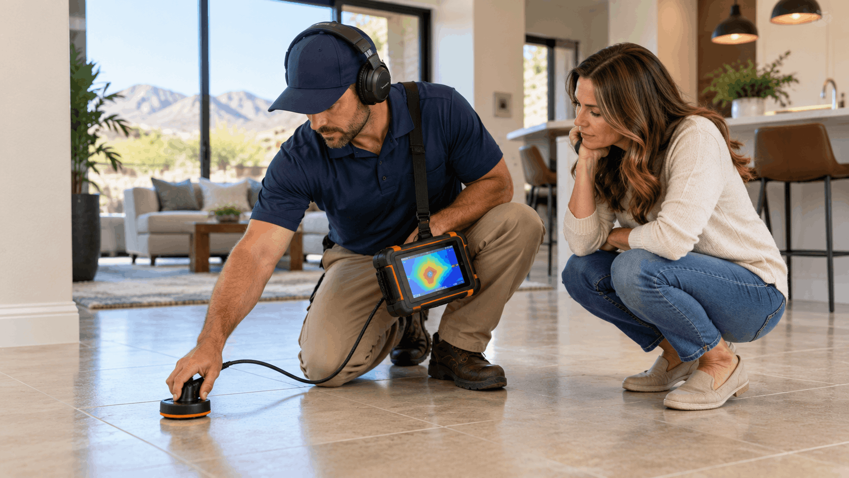 Plumber using acoustic leak detection equipment to locate slab leak on tile floor
