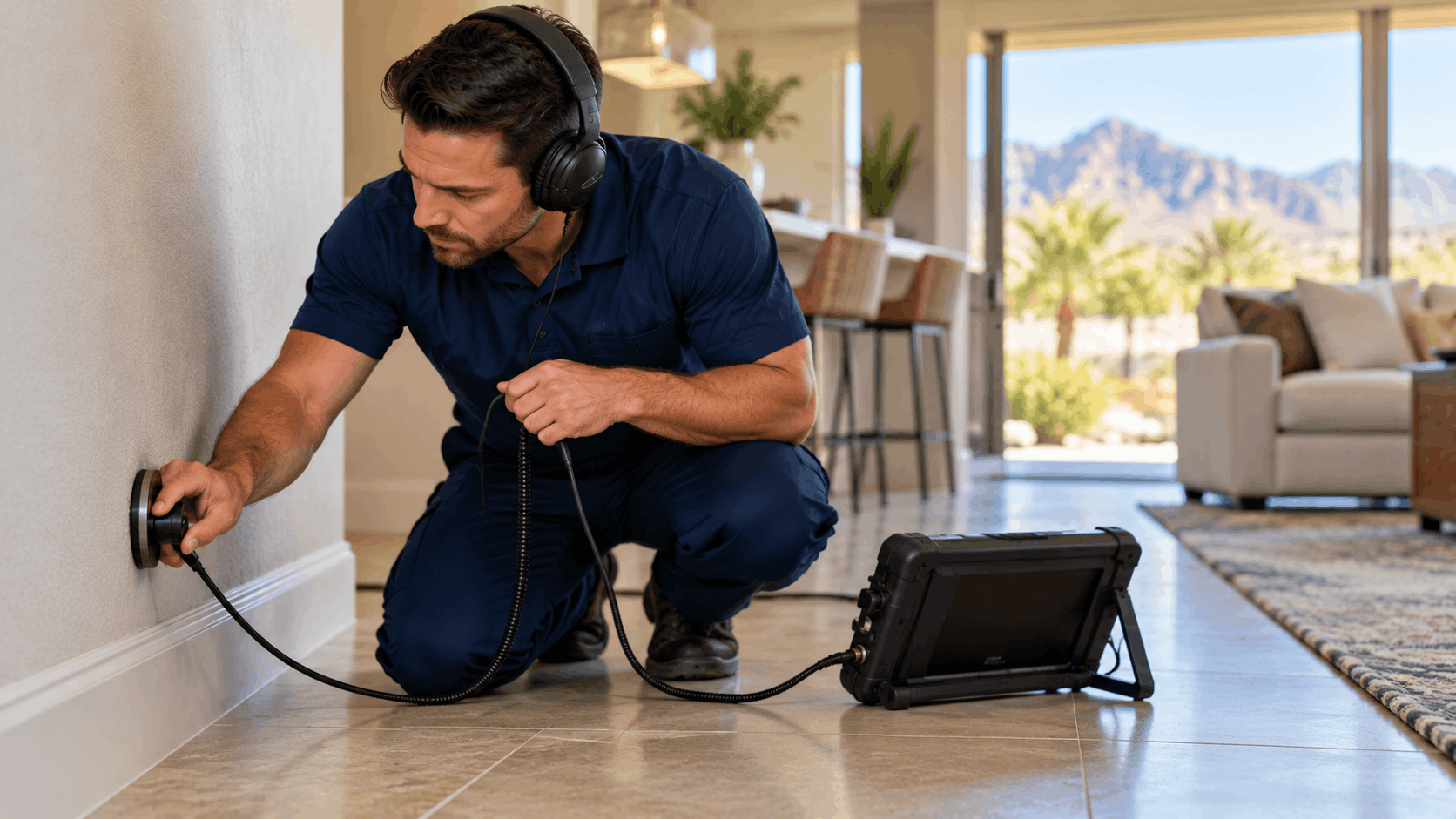 Plumber using acoustic leak detection equipment to locate slab leak near baseboard