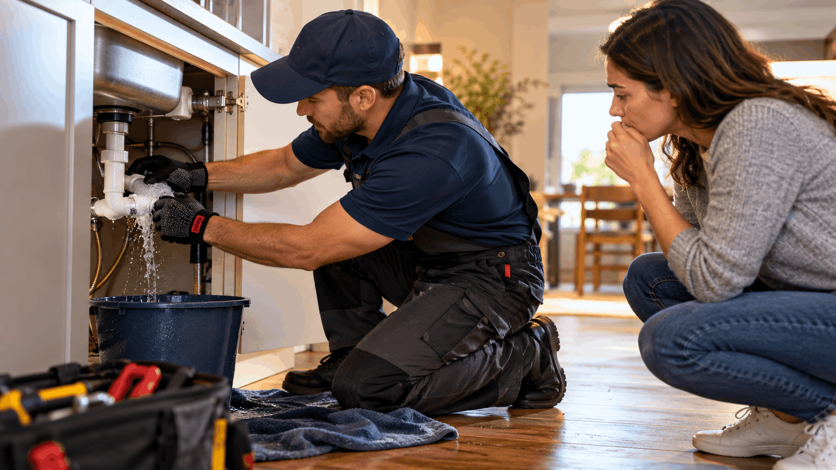 Plumber repairing leaking pipe under kitchen sink while homeowner watches closely
