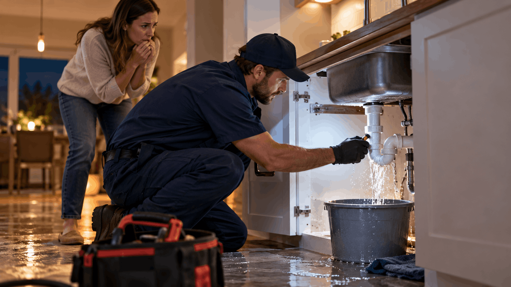 Plumber repairing leaking kitchen sink pipes while concerned homeowner watches in Las Vegas