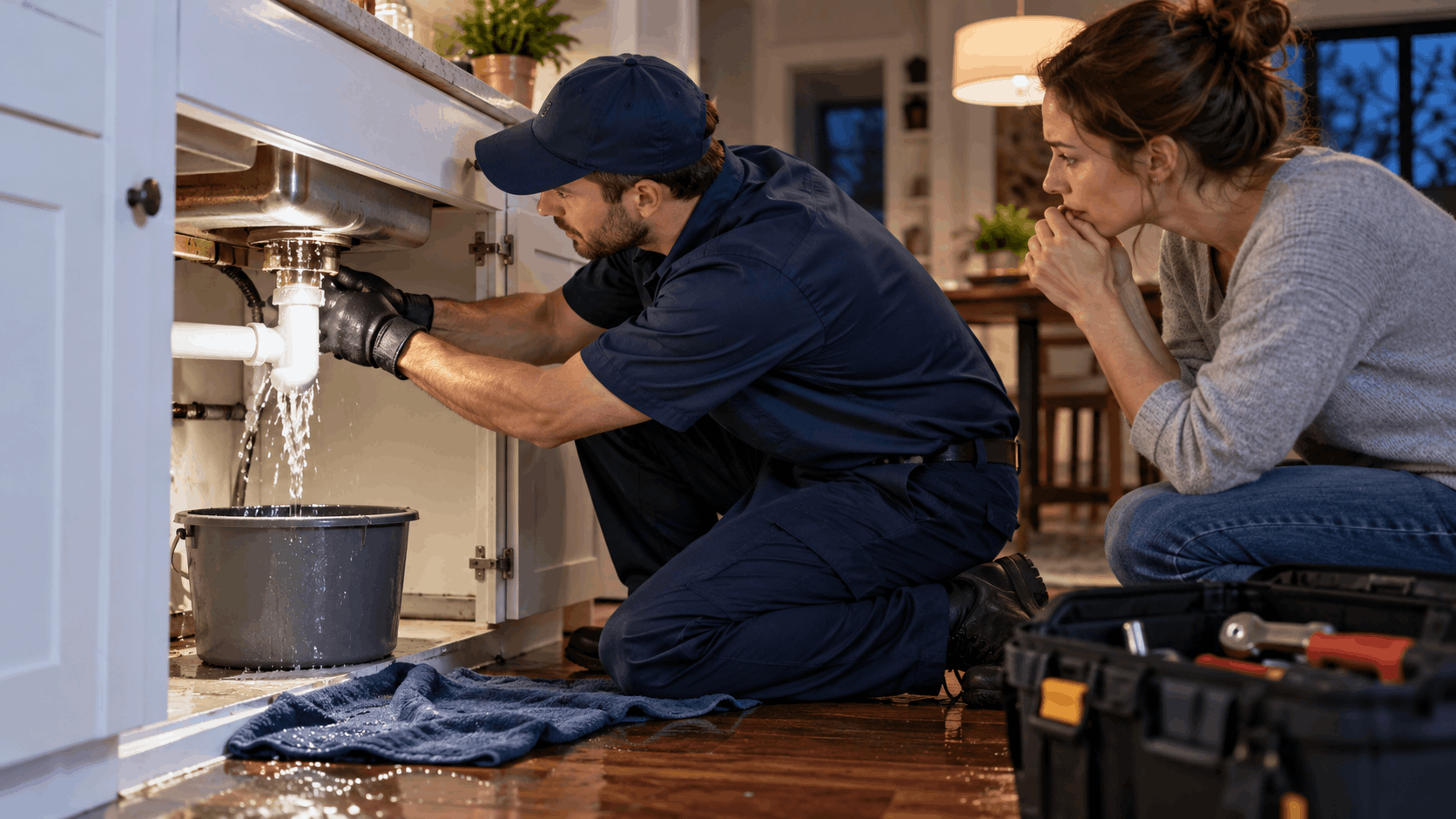 Plumber repairing burst pipe leak under kitchen sink while homeowner watches anxiously