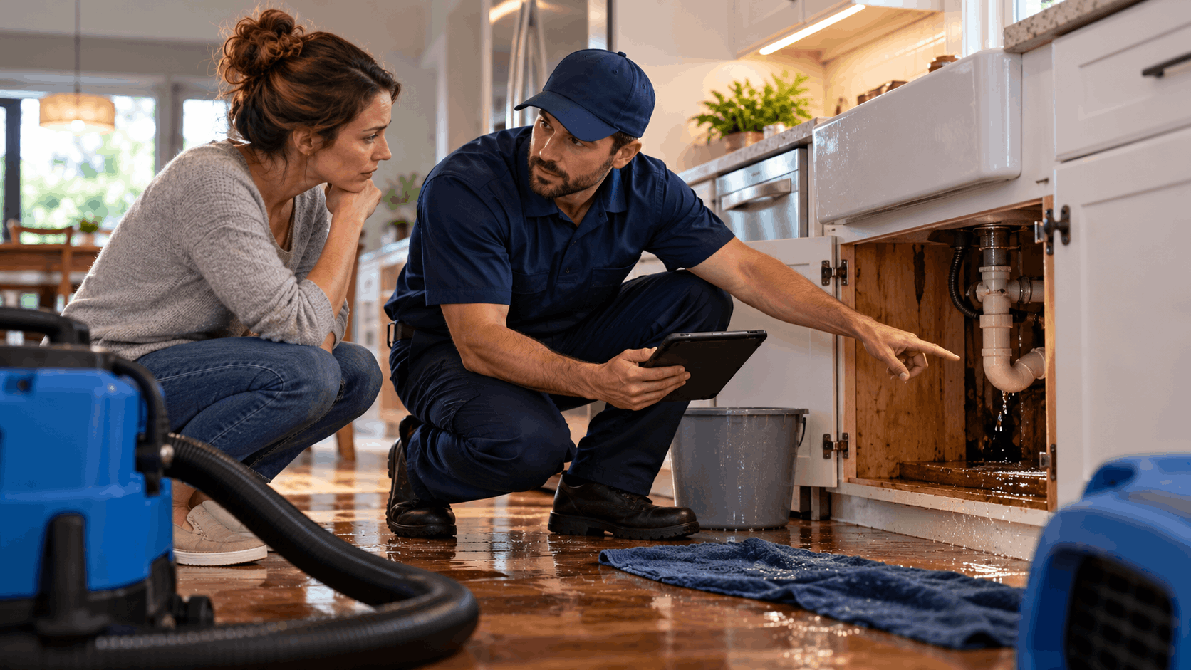 Plumber showing homeowner leaking pipes under kitchen sink during water damage inspection