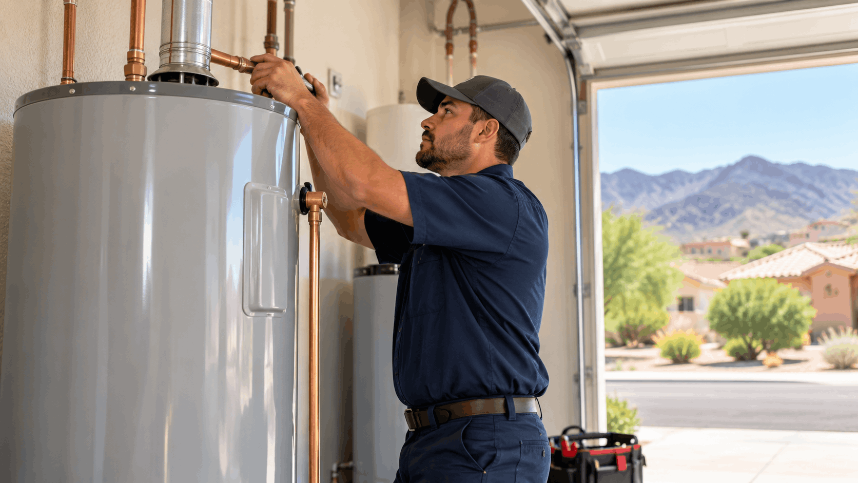Plumber installing copper pipe connections on water heater in desert home garage