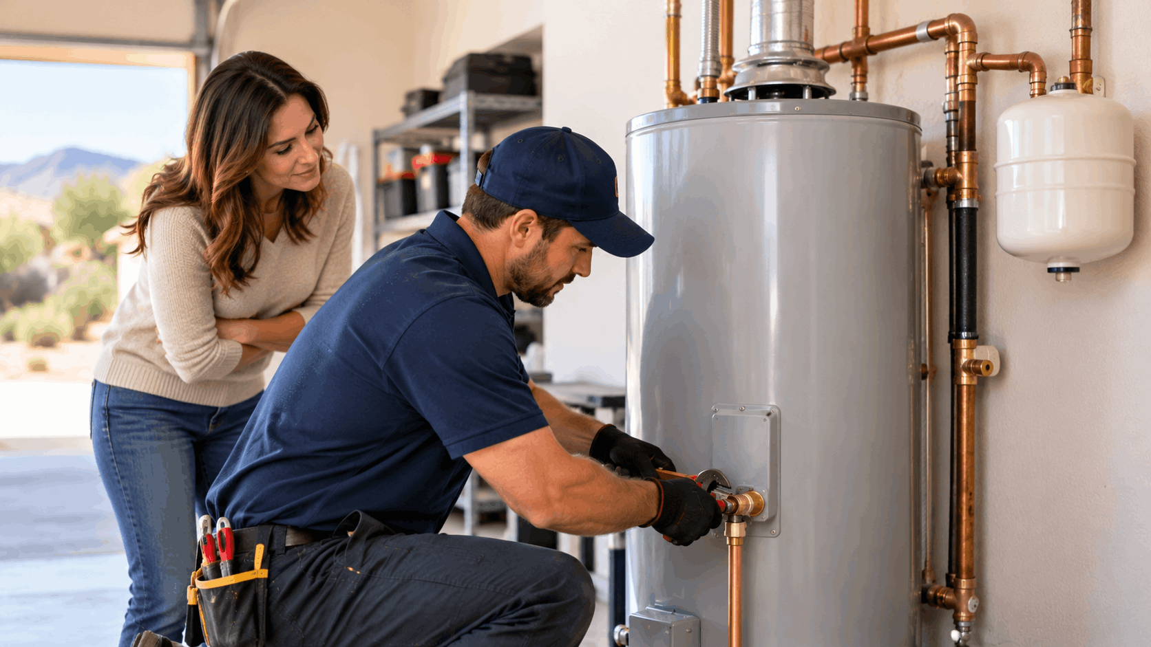 Plumber replacing water heater with copper pipes in Henderson Las Vegas garage