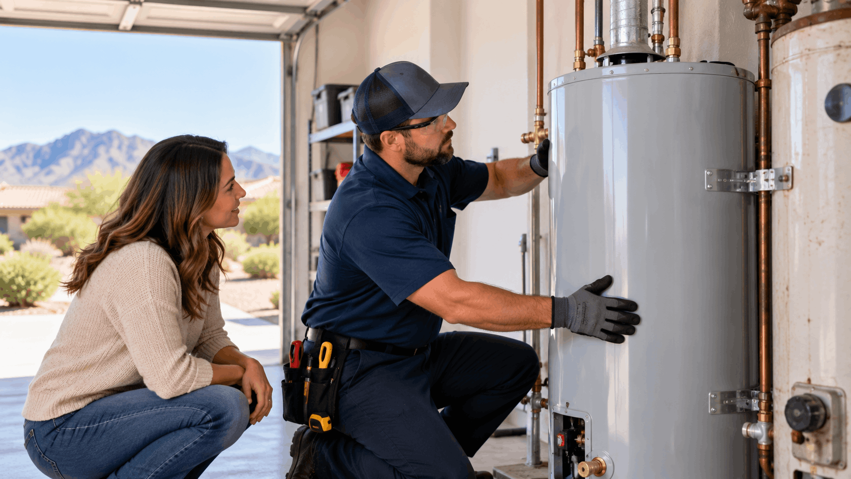 Plumber inspecting water heater with copper pipes in Las Vegas garage home