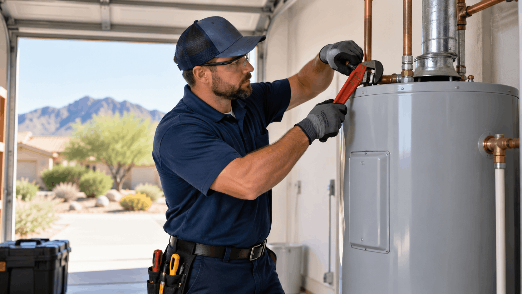 Active Plumbing technician using pipe wrench to install water heater in Las Vegas garage