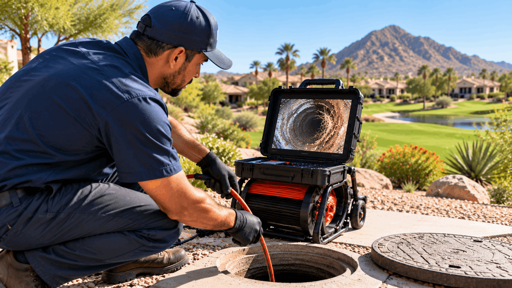 Plumber performing sewer camera inspection at Stallion Mountain Las Vegas home