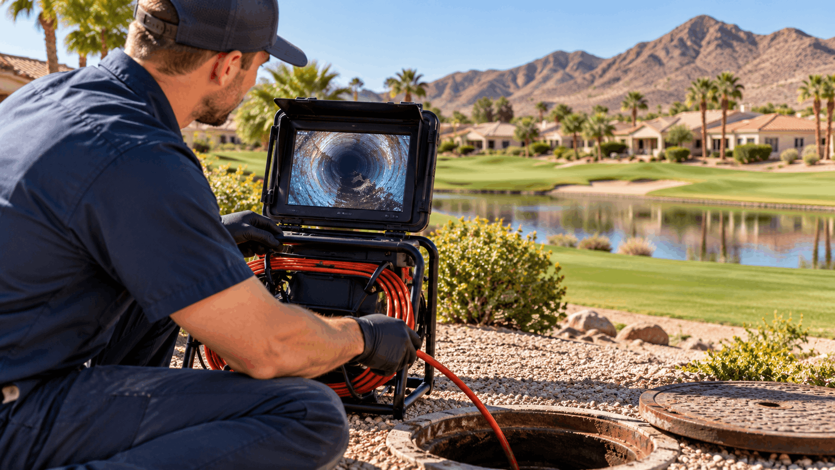 Plumber performing sewer camera inspection at manhole on Las Vegas golf course community