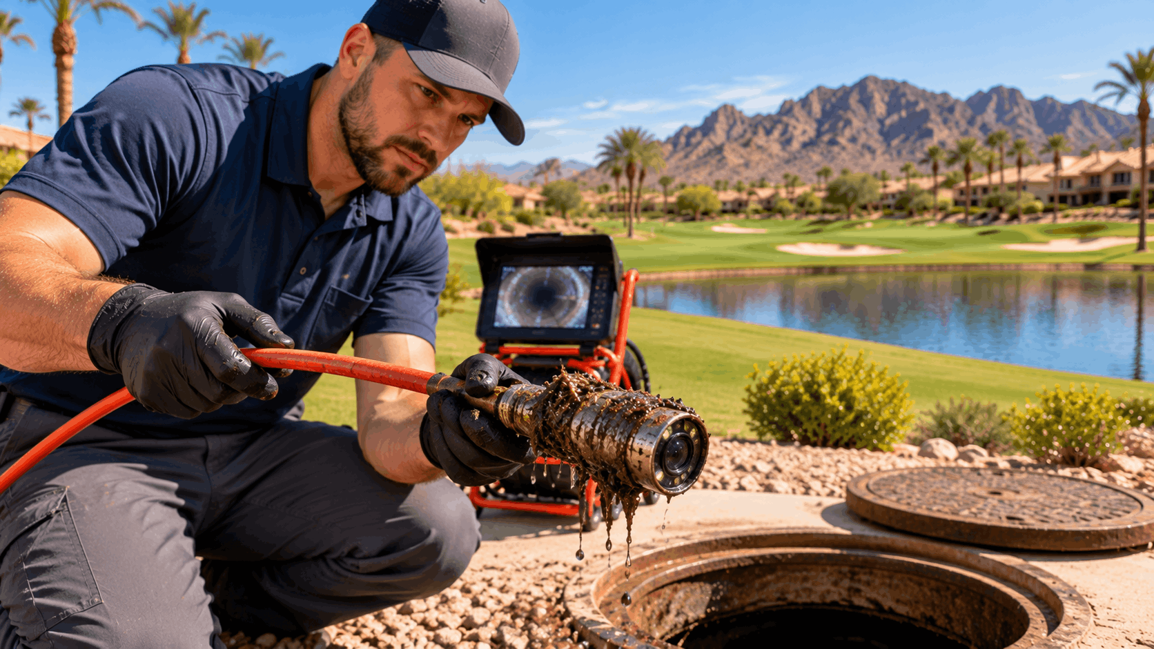 Plumber performing sewer camera inspection near open manhole at Las Vegas golf course