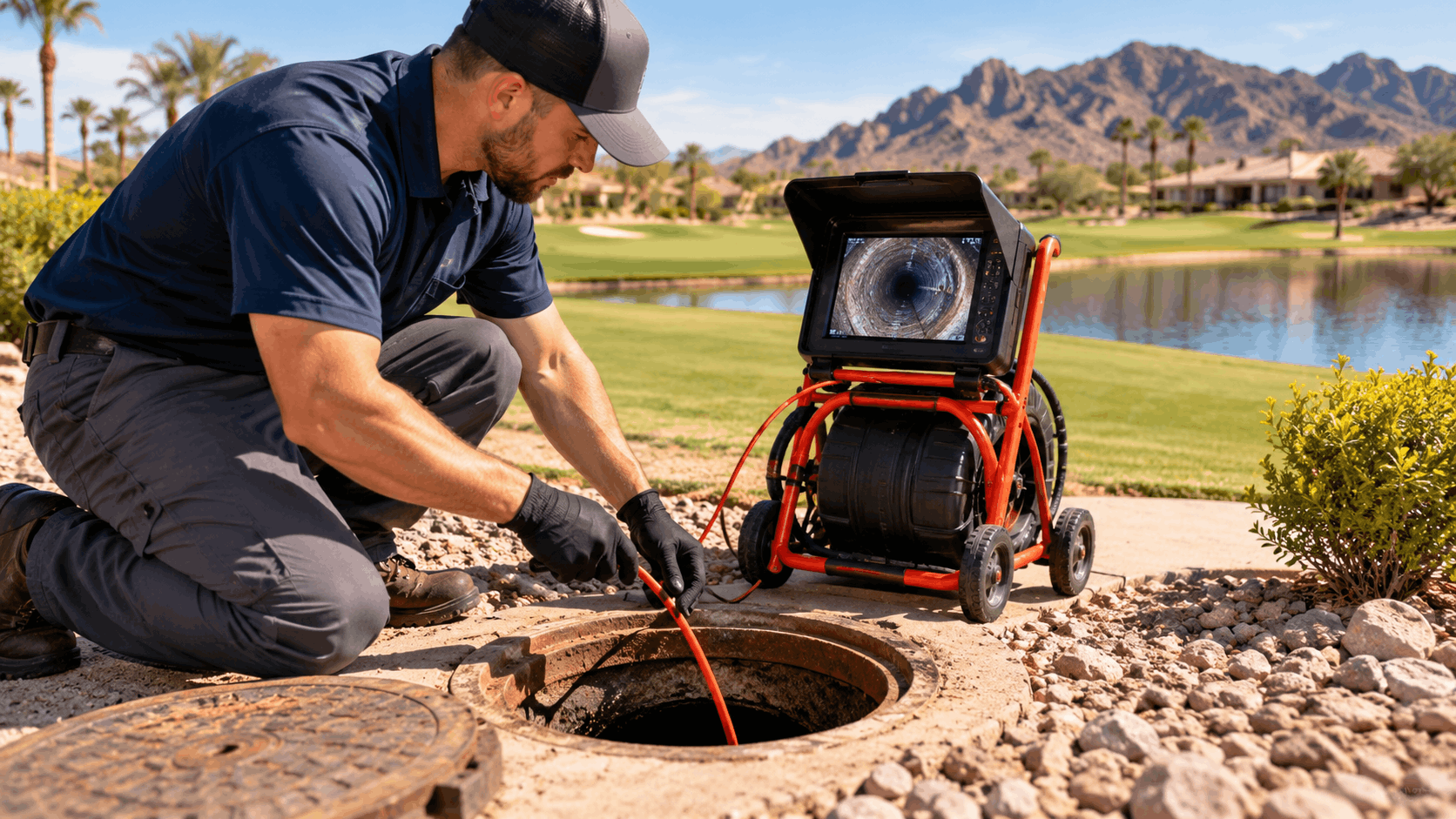Plumber performing sewer camera inspection at manhole near desert golf course community