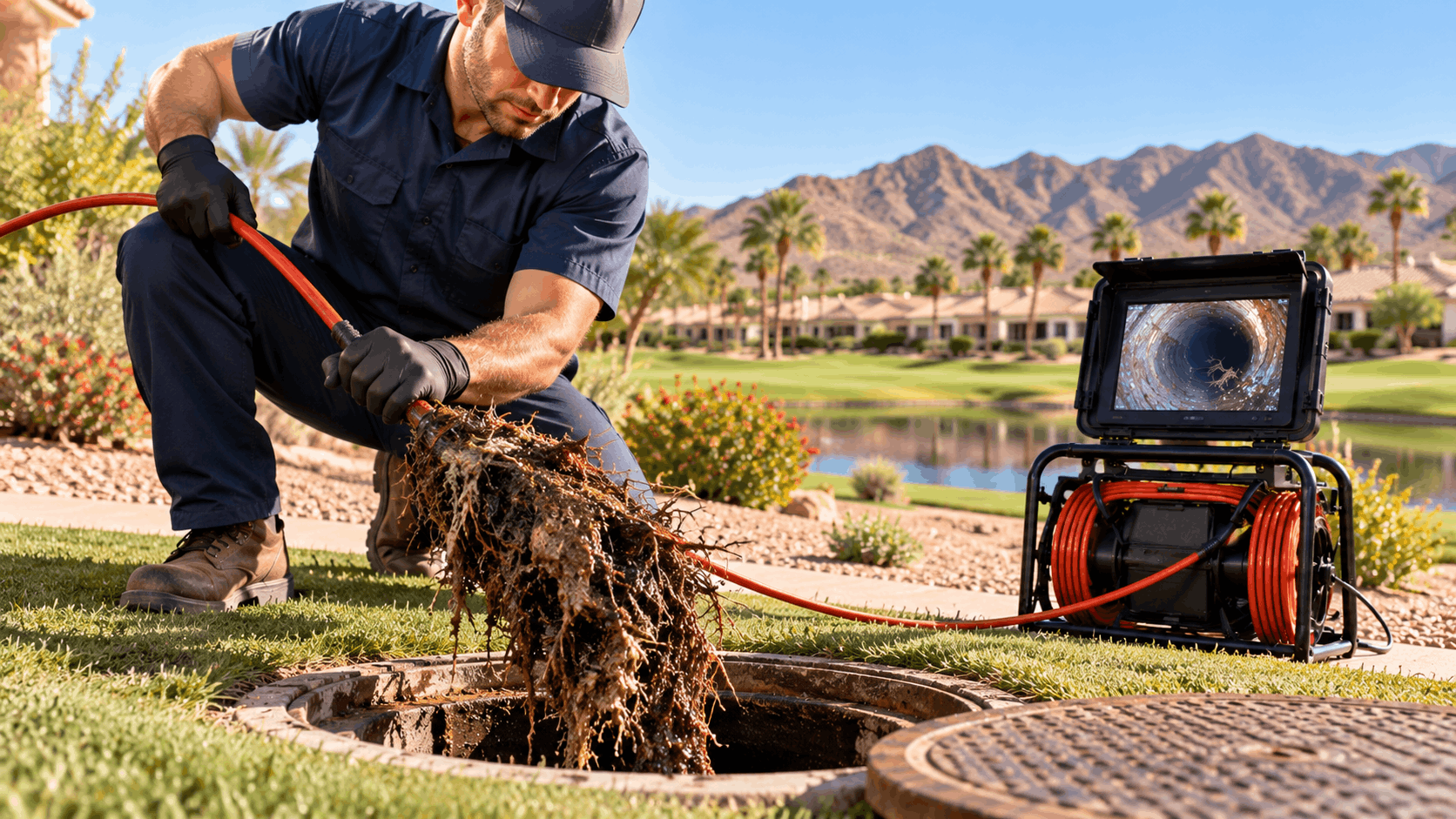 Plumber removing tree root blockage from sewer main line with camera inspection equipment