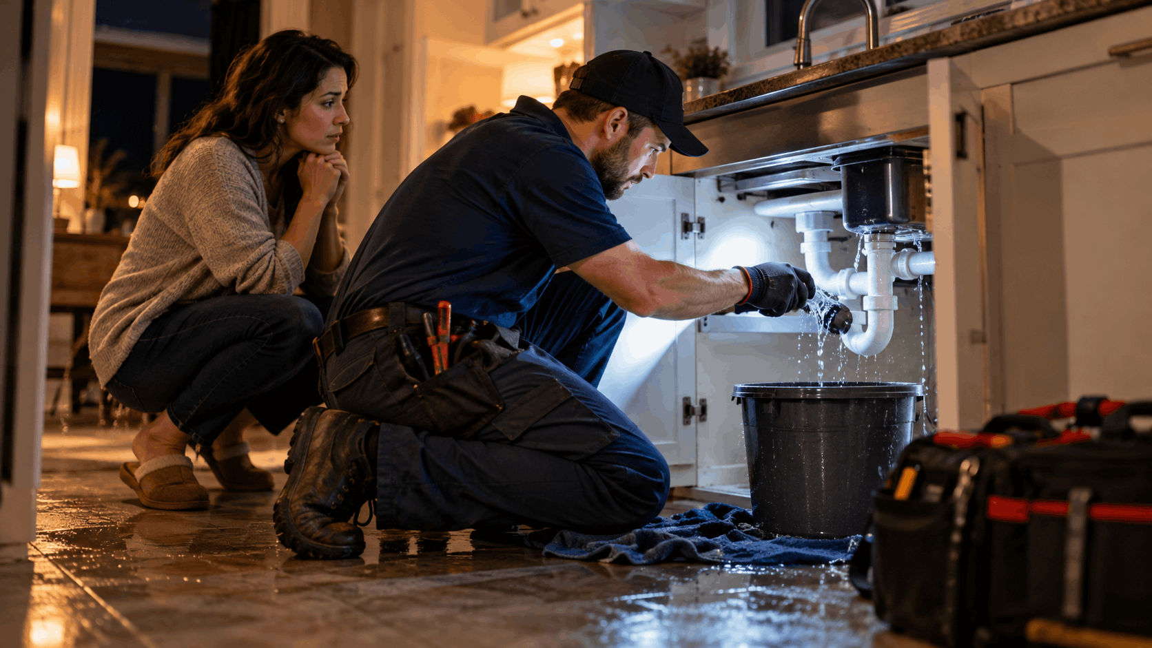 Las Vegas plumber repairing burst pipe under kitchen sink at night while homeowner watches
