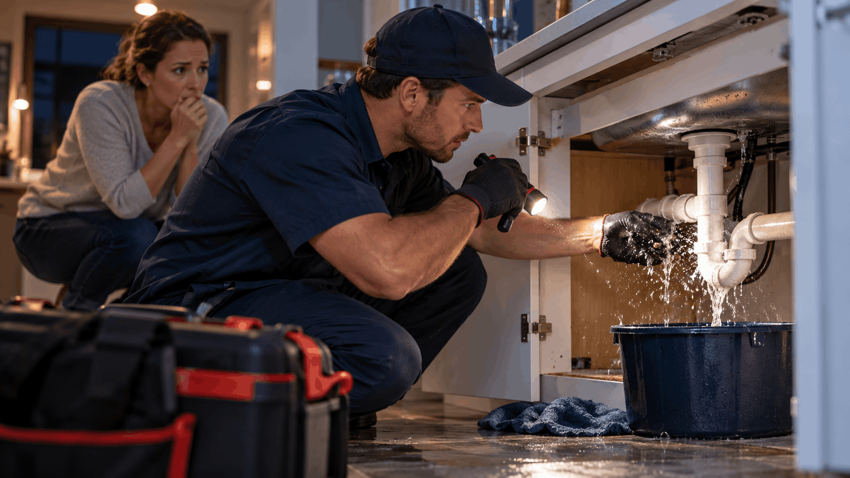 Plumber inspecting leaking pipes under kitchen sink while worried homeowner watches
