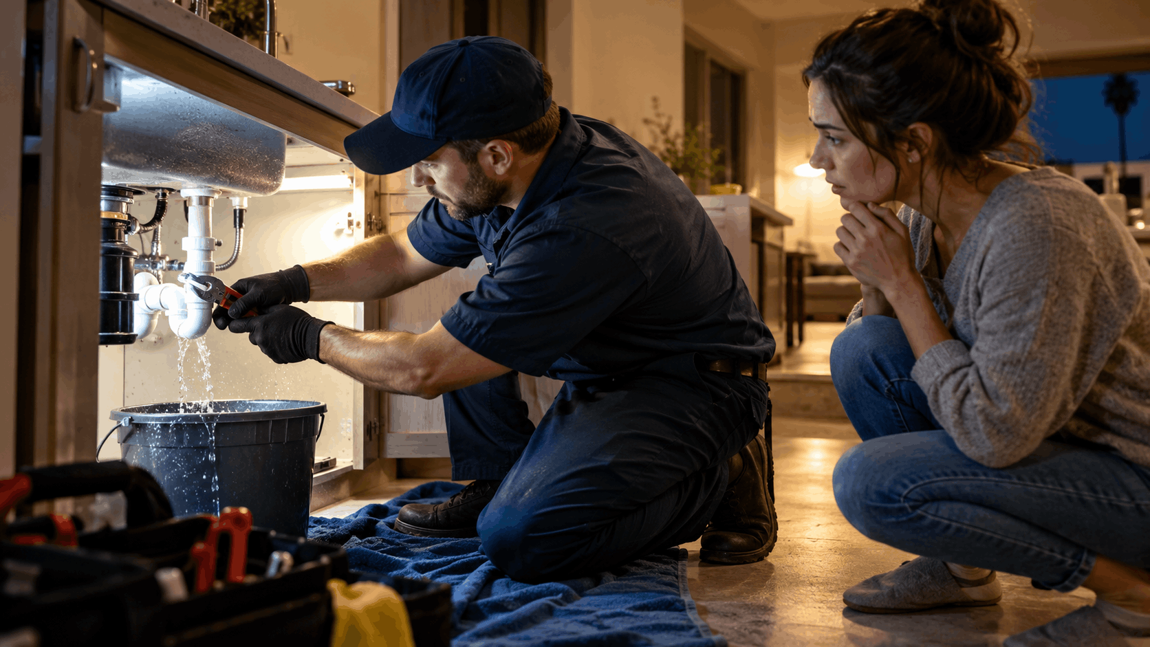 Plumber repairing burst pipe under kitchen sink while concerned homeowner watches nearby
