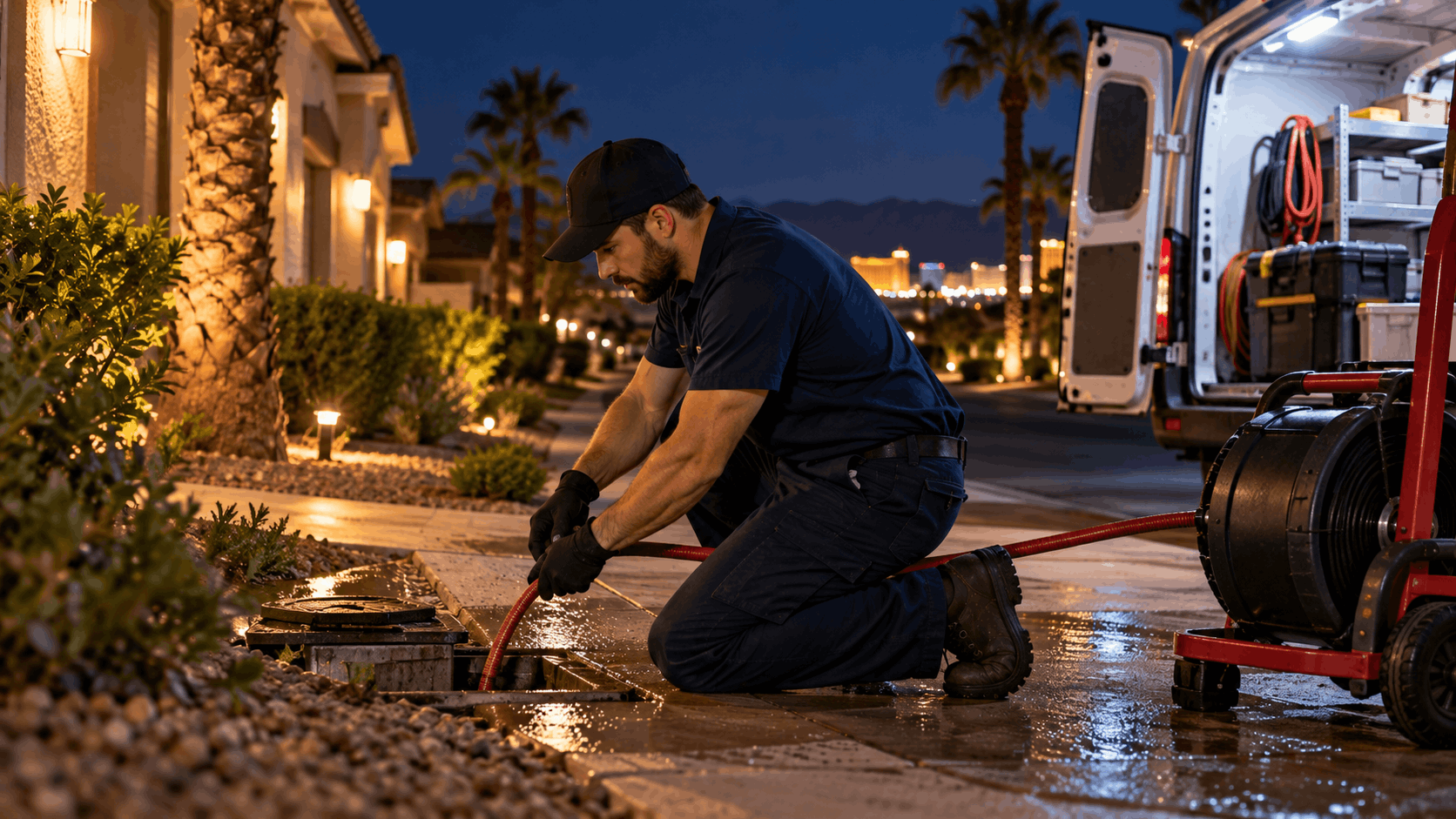 Plumber hydro jetting drain at night in Las Vegas residential neighborhood