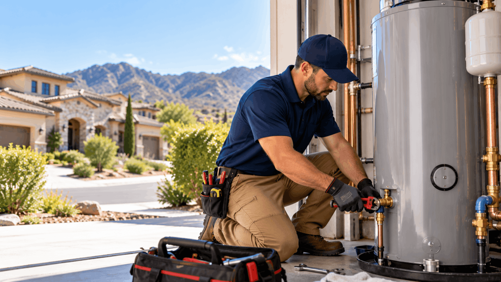Plumber servicing water heater with copper pipes in Southern Highlands Las Vegas neighborhood