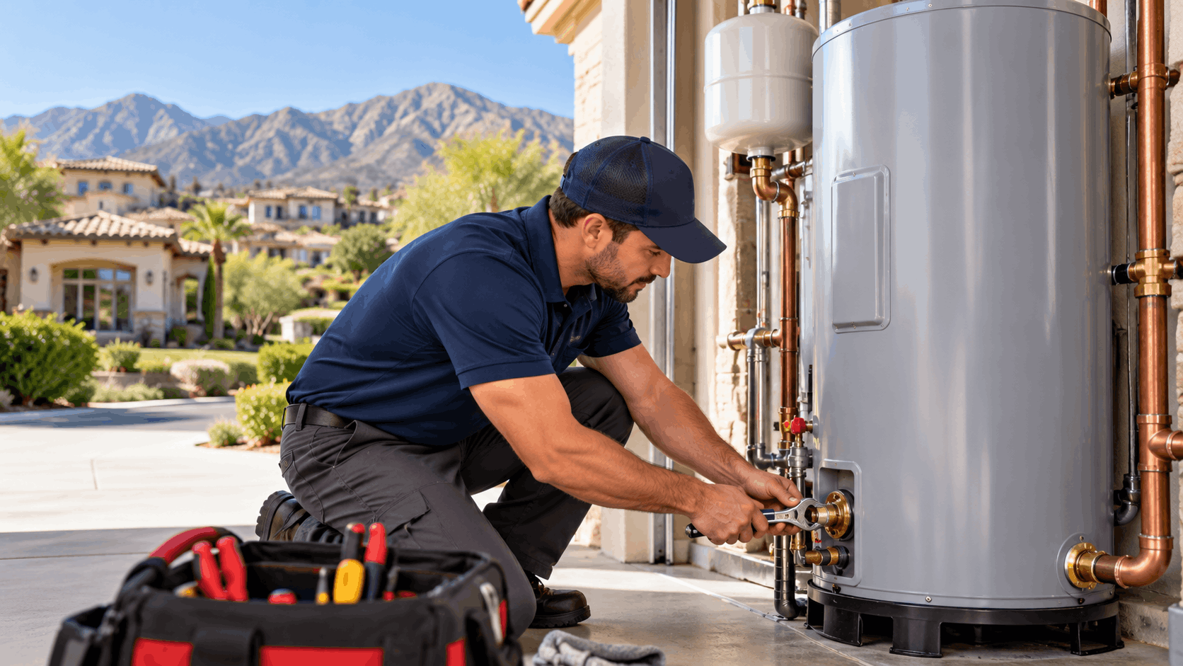 Plumber servicing water heater copper pipe connections at Southern Highlands Las Vegas home