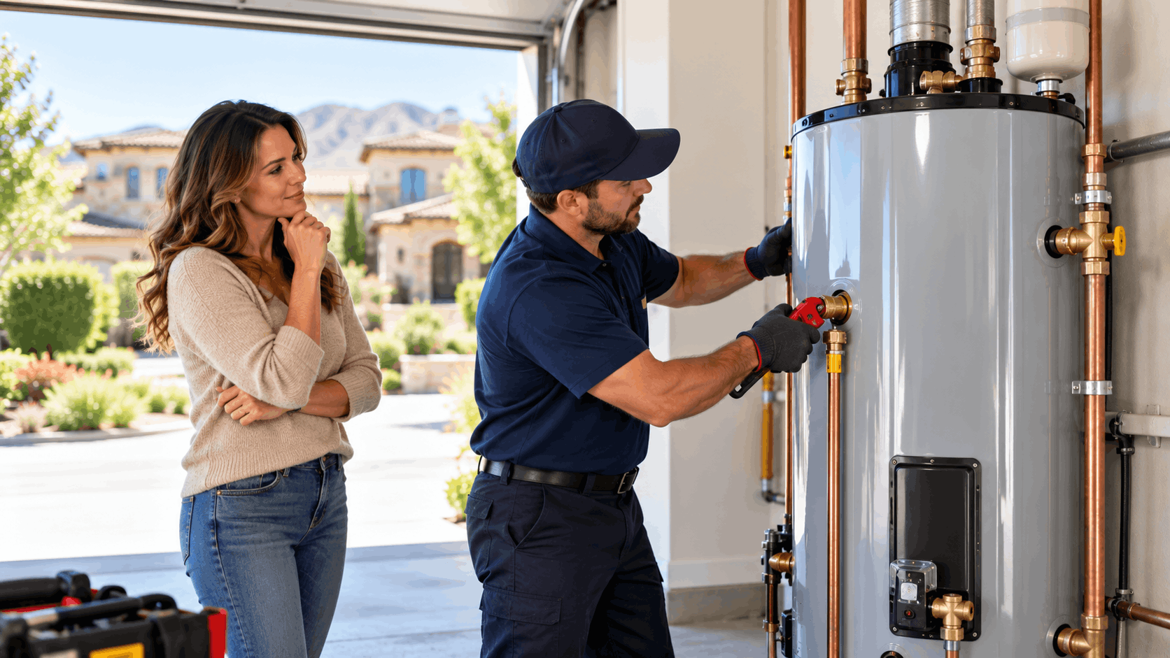 Las Vegas plumber inspecting water heater while homeowner watches in garage