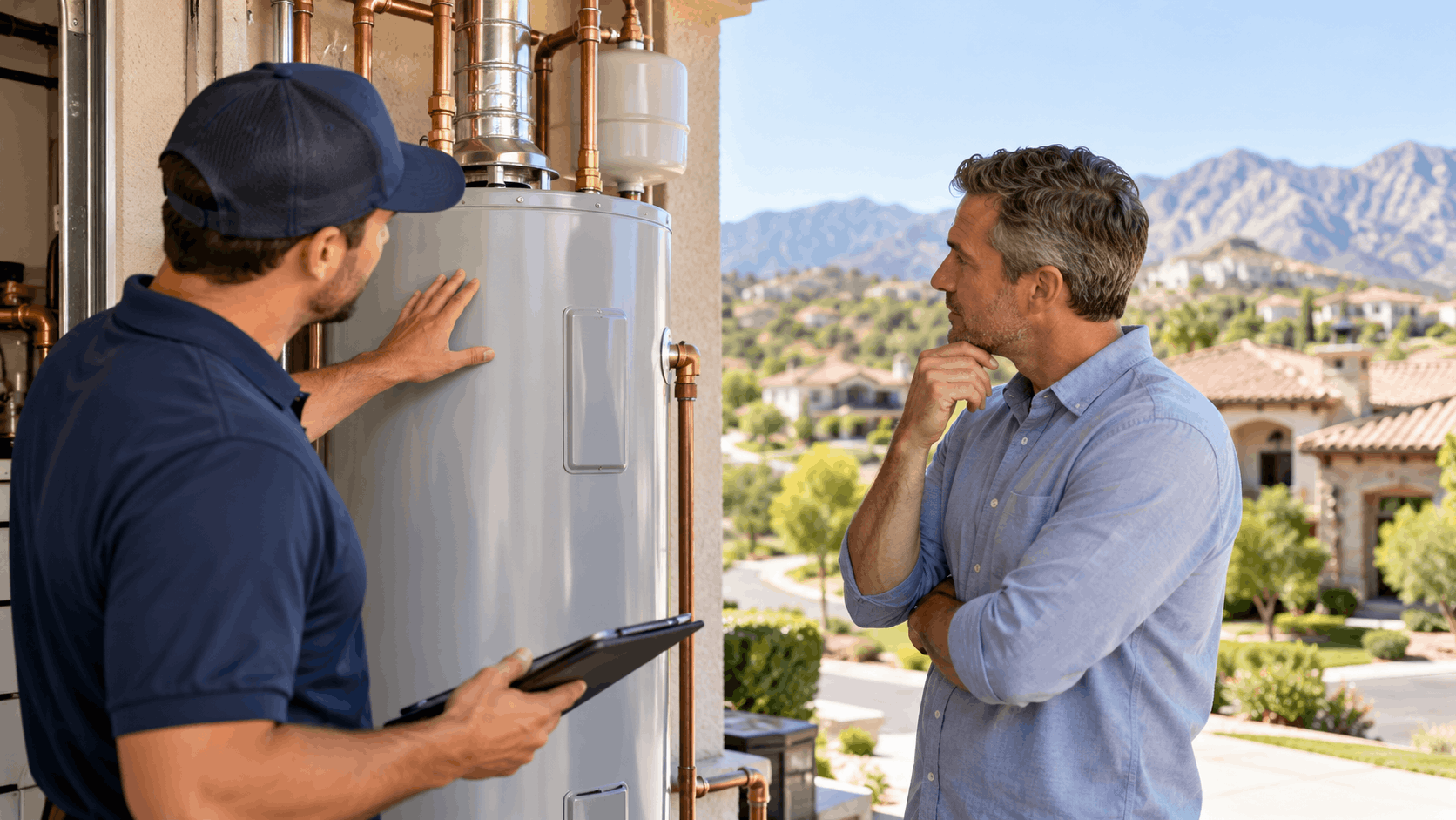 Plumber inspecting water heater with homeowner considering repair or replacement Las Vegas