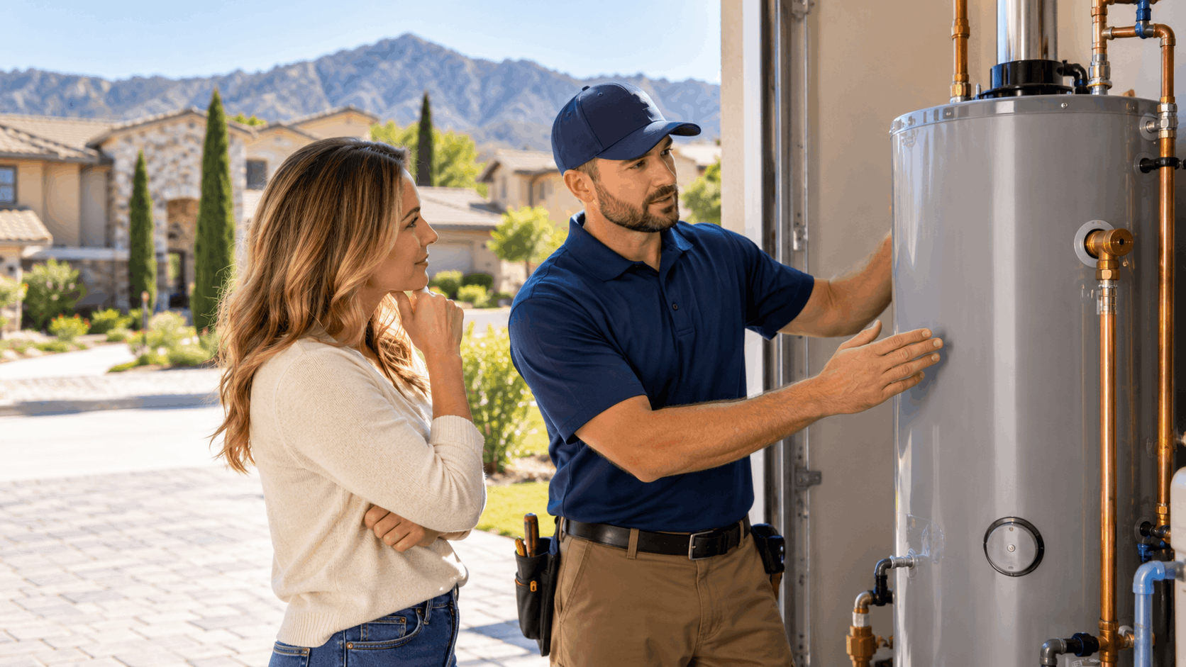 Plumber explaining water heater installation to homeowner in Southern Highlands Las Vegas garage