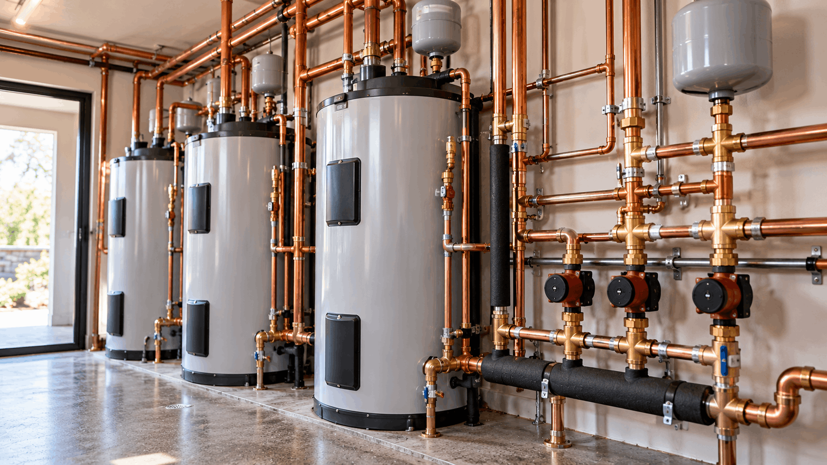 Multiple water heaters with copper piping and brass fittings in Southern Highlands mechanical room