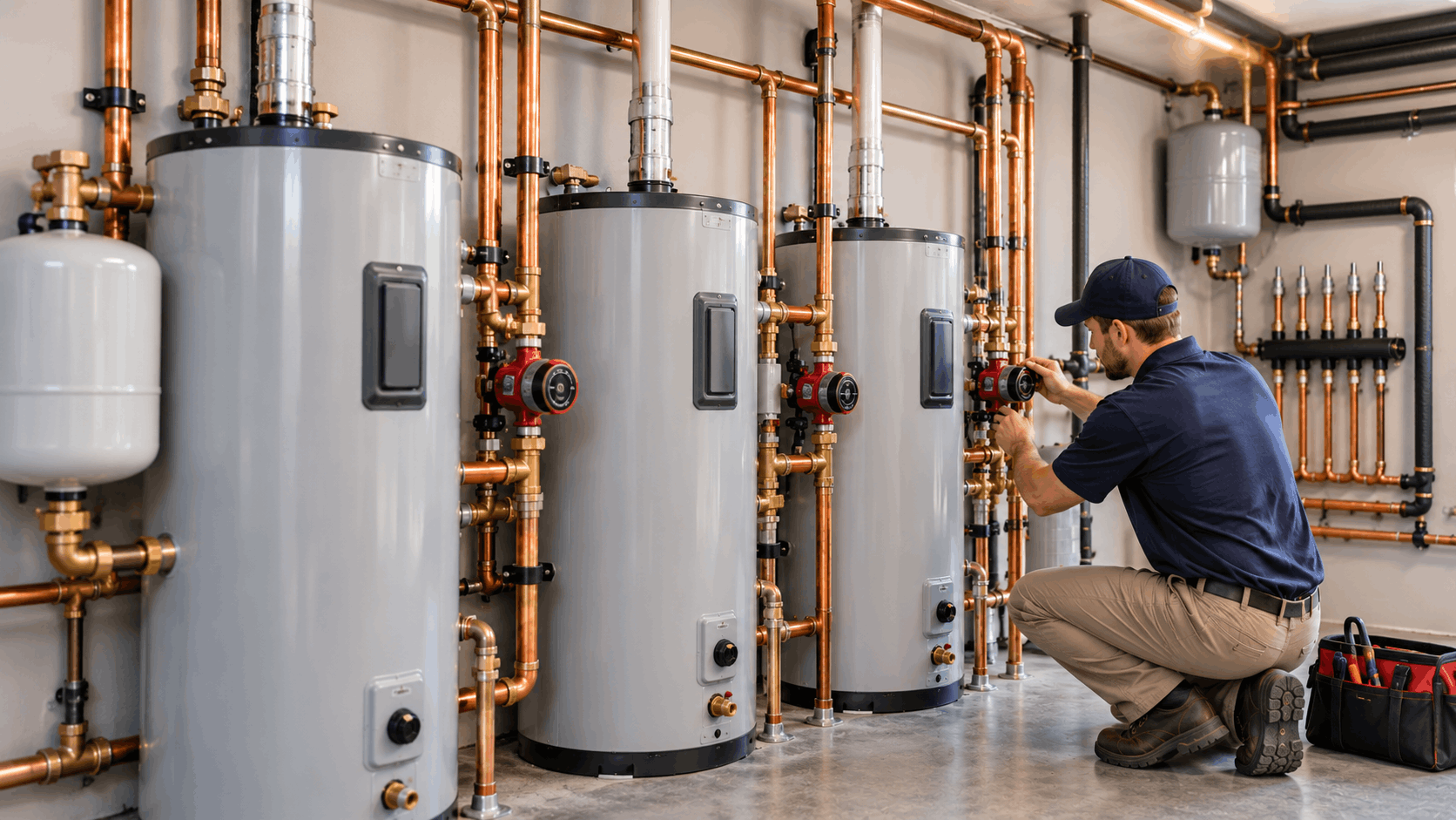 Plumber inspecting recirculation pump on multiple water heaters with copper piping
