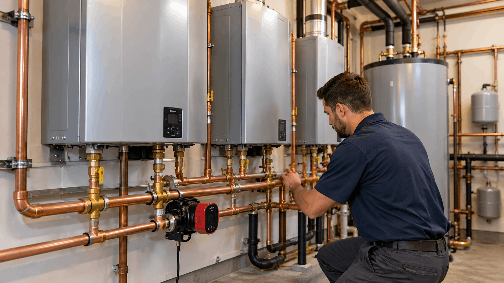 Licensed plumber inspecting tankless water heaters with copper piping in Las Vegas mechanical room