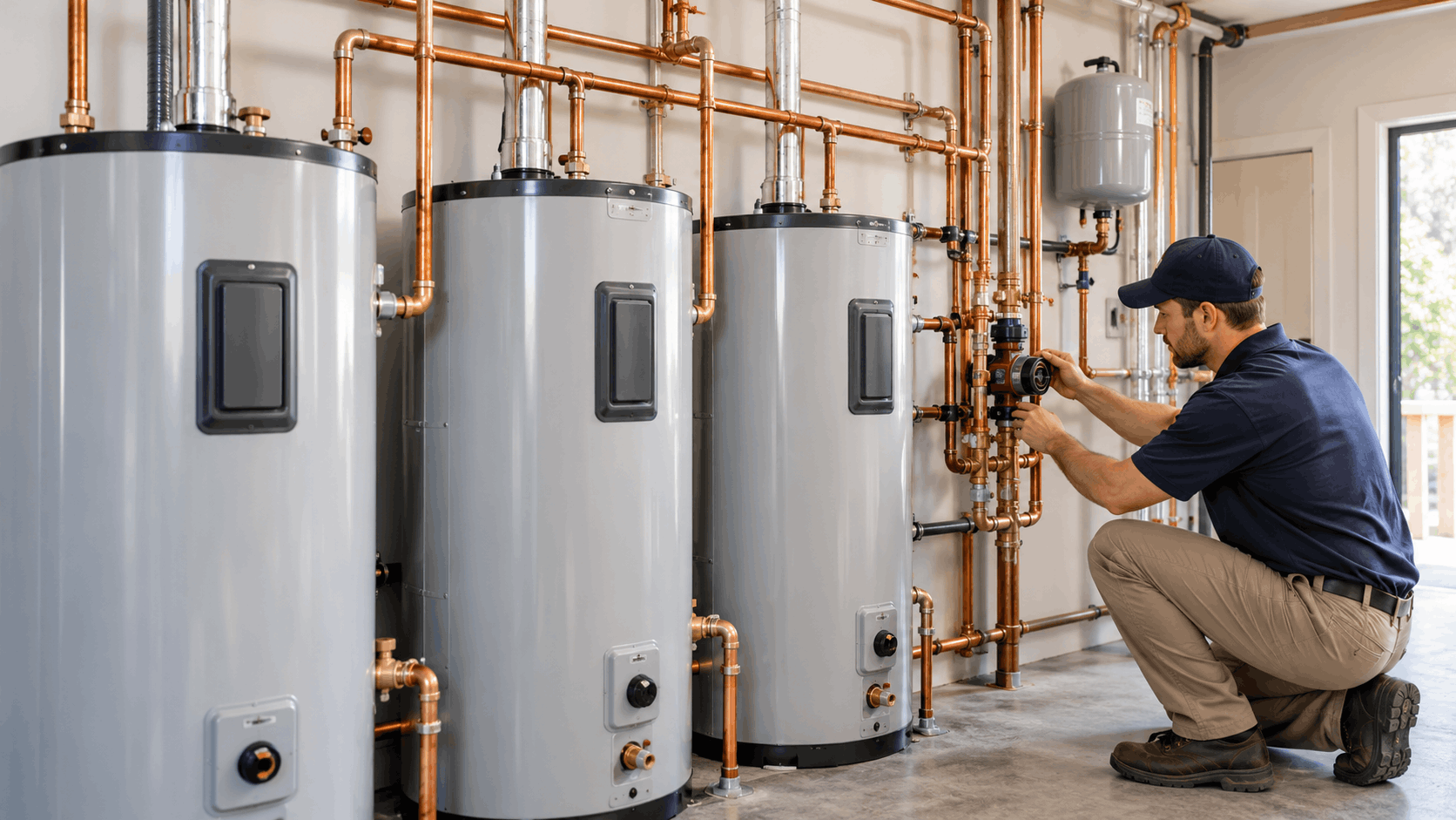 Plumber installing copper pipe connections on multiple water heaters in Las Vegas utility room