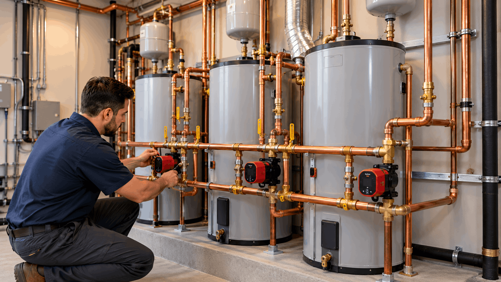 Plumber inspecting copper pipe manifold with recirculation pumps on multiple water heaters
