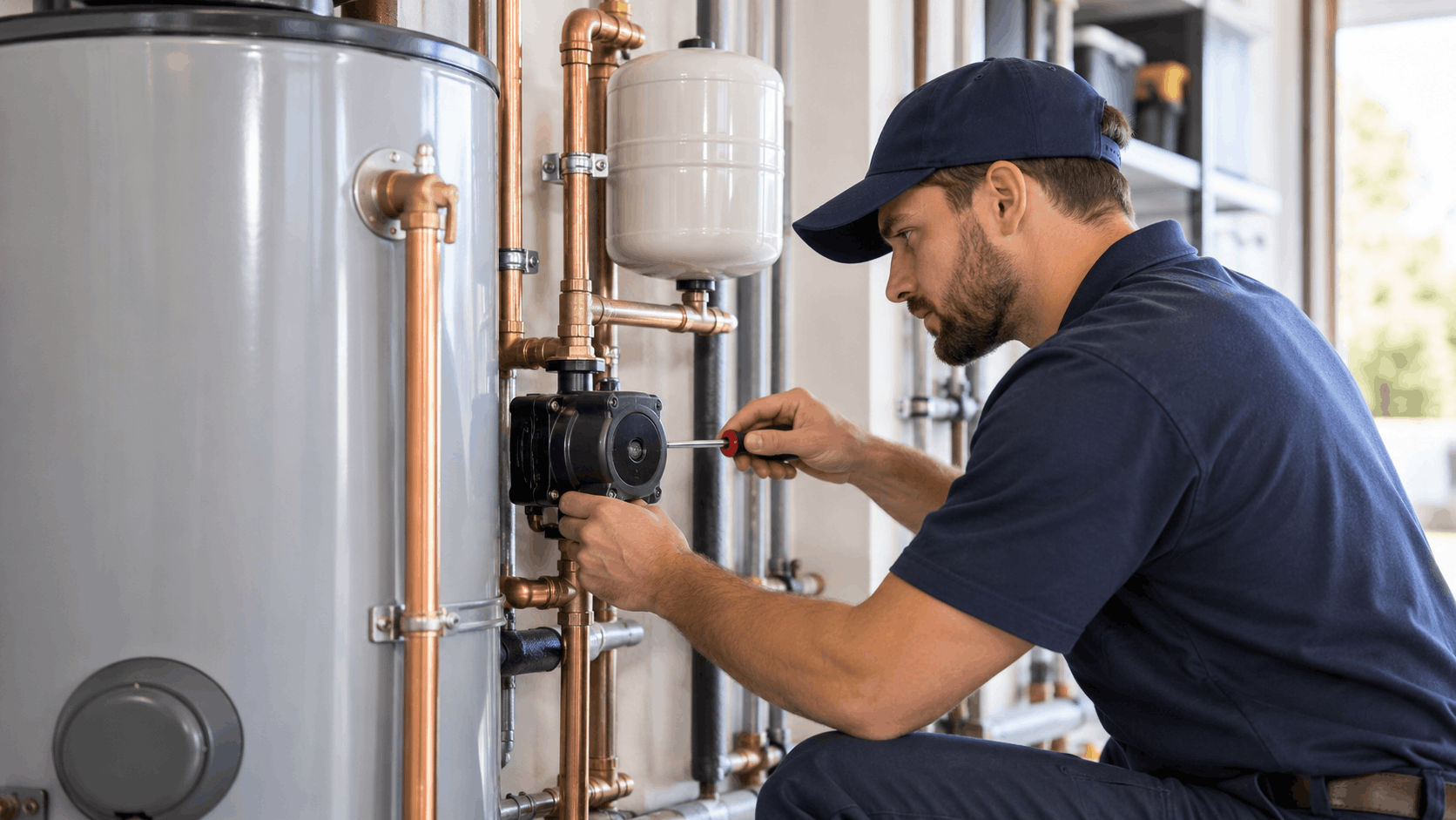 Plumber in navy uniform adjusting recirculation pump on copper water heater pipes