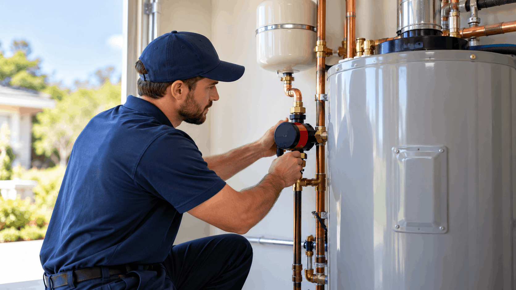Plumber in blue uniform installing recirculation pump on copper water heater pipes