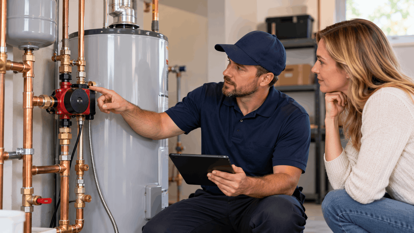 Plumber explaining water heater recirculation pump to homeowner in utility room