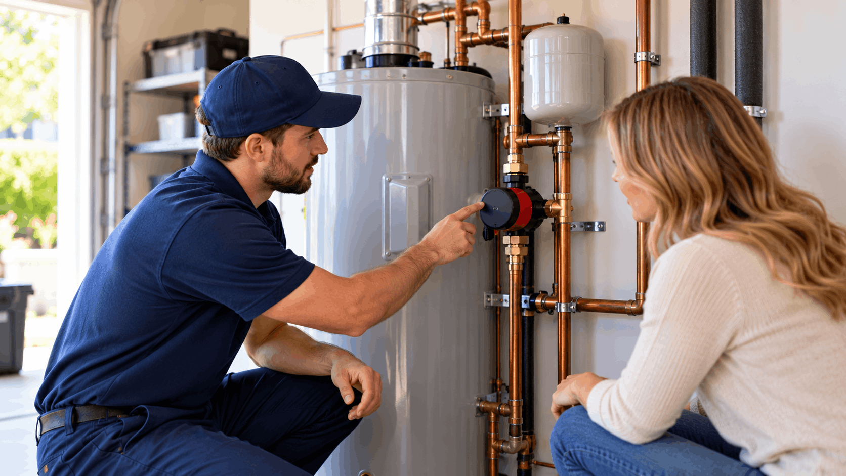 Plumber in blue uniform explaining water heater copper pipe system to homeowner