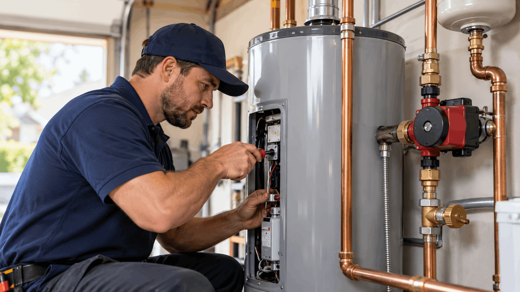 Active Plumbing technician repairing electric water heater electrical panel in Las Vegas garage