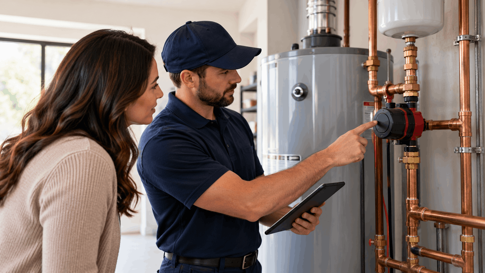 Plumber explaining water heater copper pipe system to homeowner in Las Vegas utility room