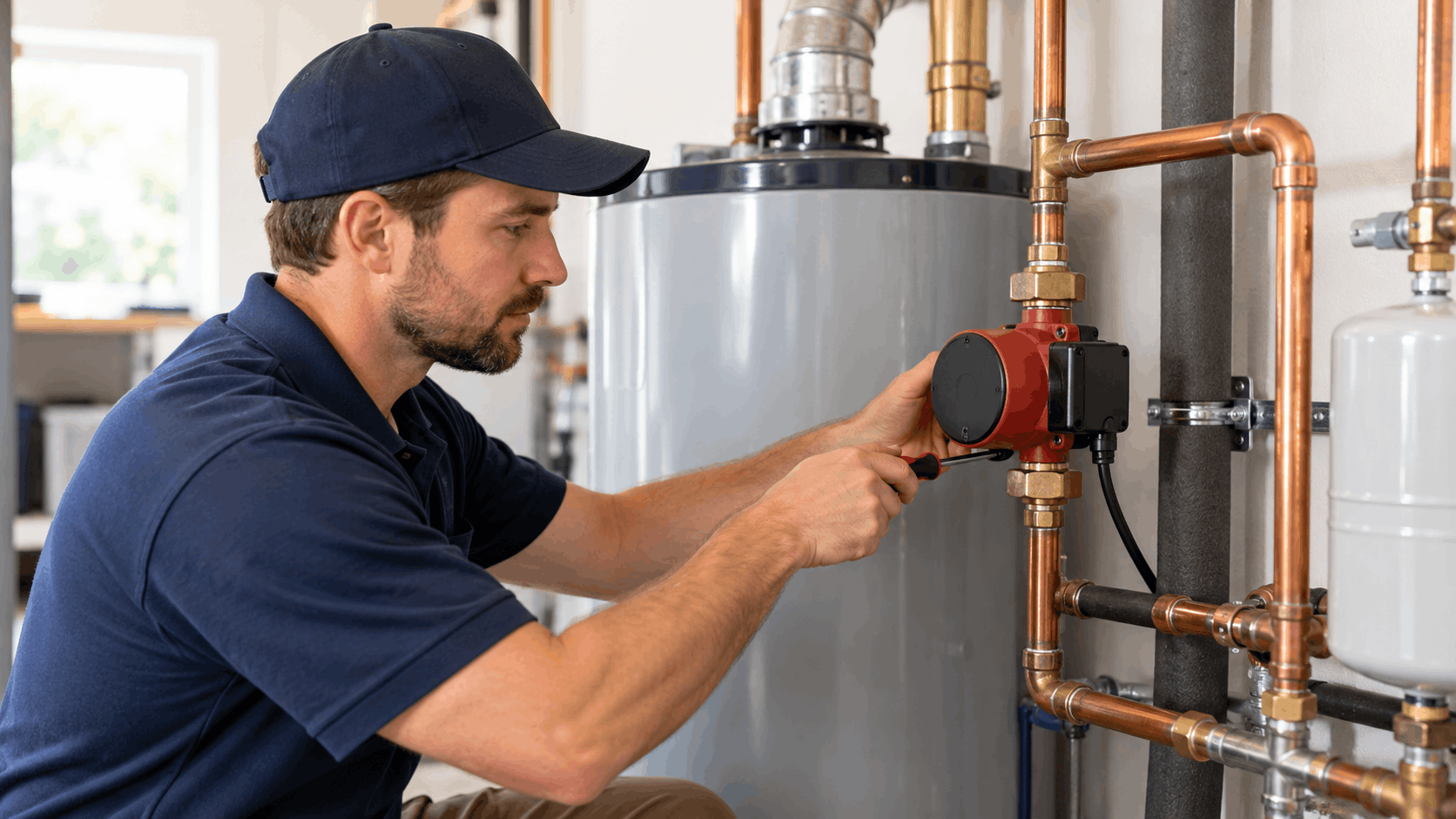 Plumber inspecting water pressure pump and copper pipes on water heater Las Vegas