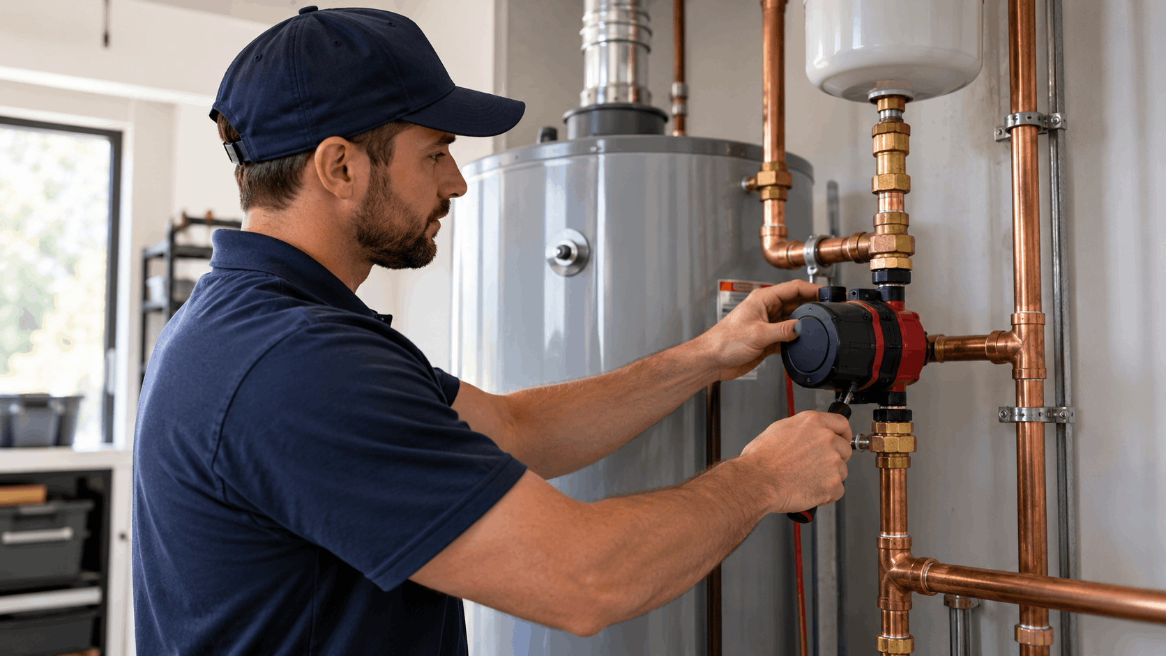 Plumber installing copper pipe circulation pump on water heater in Las Vegas home