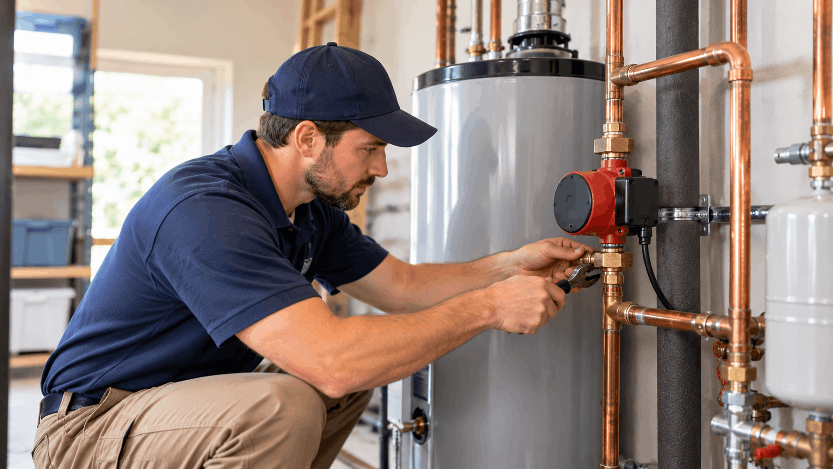 Licensed plumber installing copper pipe fittings on water heater in Las Vegas home