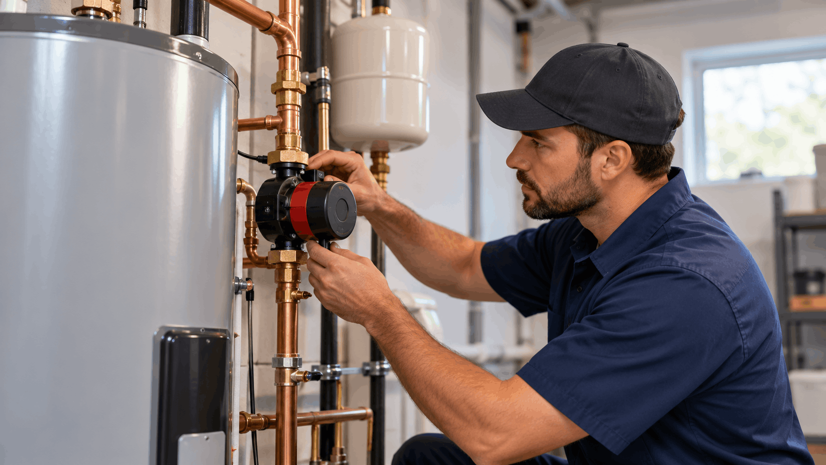 Licensed plumber installing circulation pump on copper pipes beside water heater