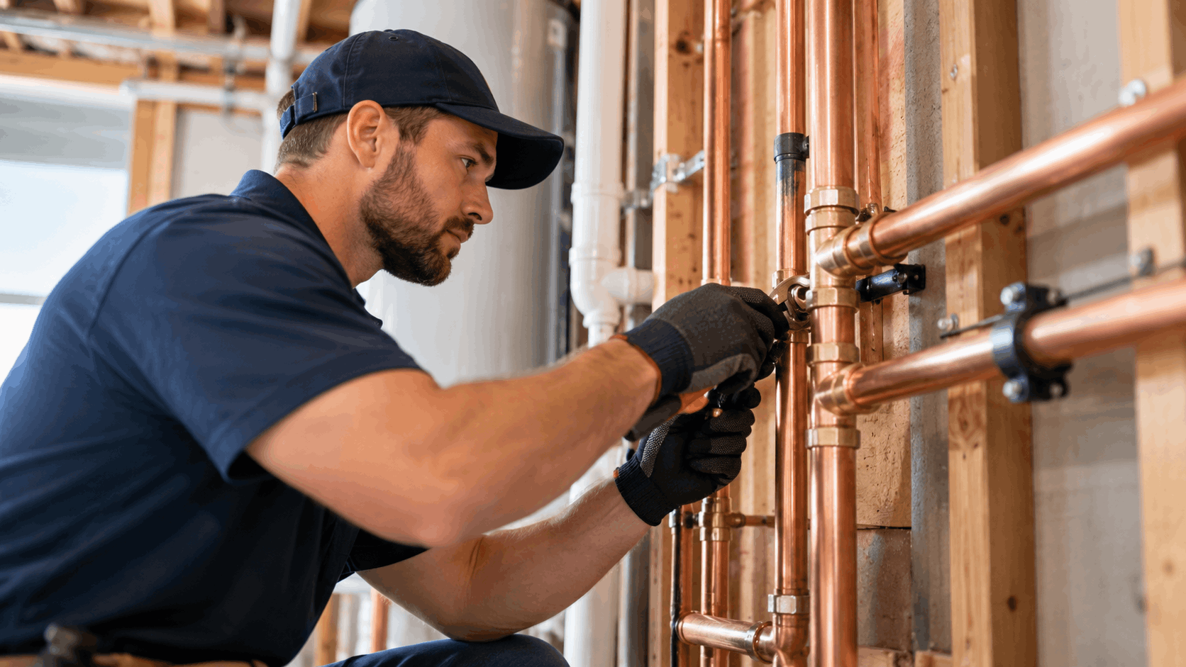 Plumber installing copper repiping system in Southern Highlands Las Vegas home construction