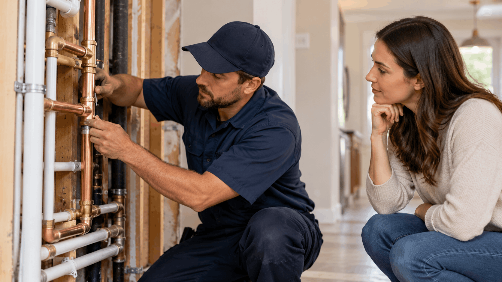 Plumber in navy uniform repiping copper pipes while homeowner watches closely