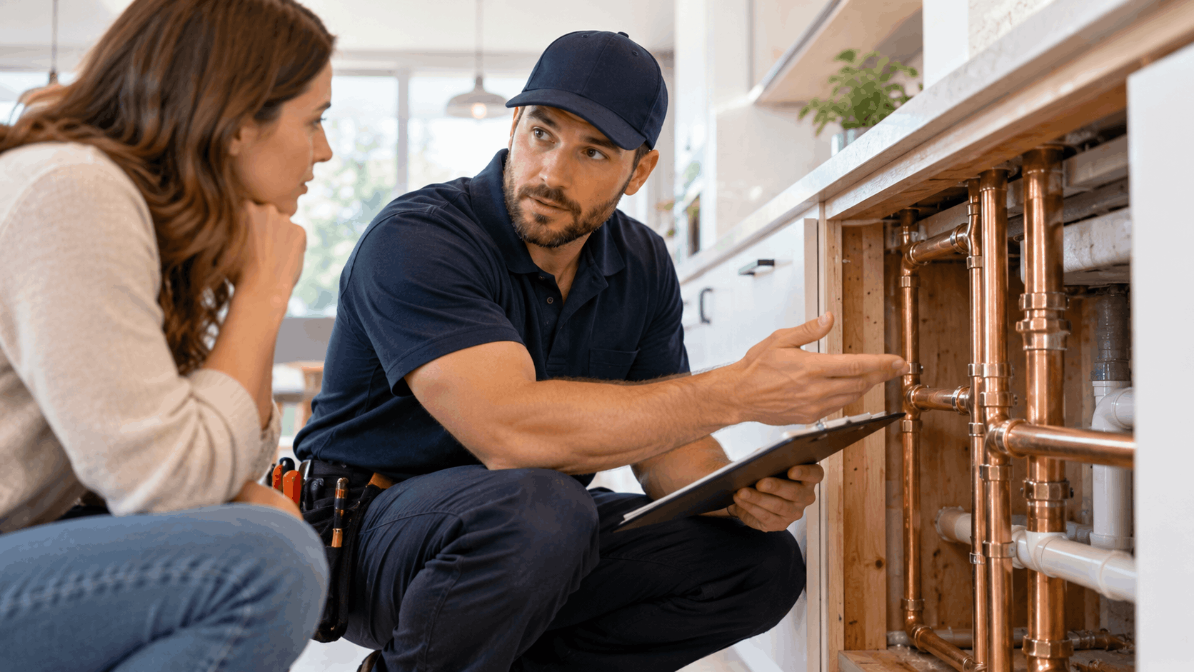 Licensed plumber explaining copper repiping costs to homeowner under kitchen cabinets
