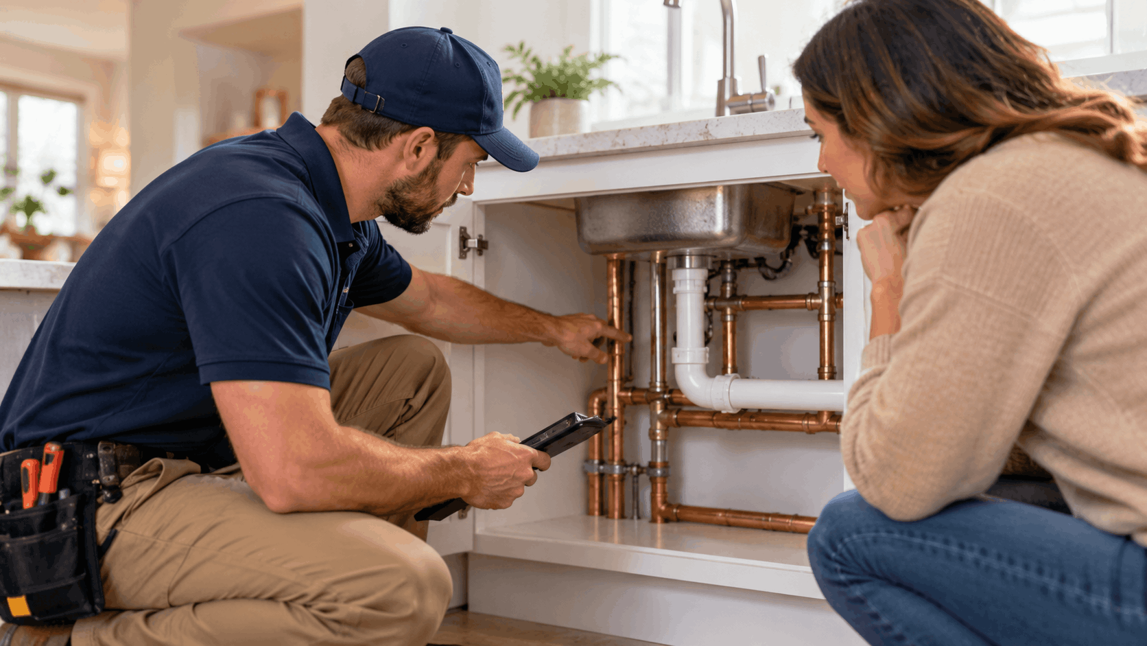 Licensed plumber inspecting copper pipes under kitchen sink with Las Vegas homeowner