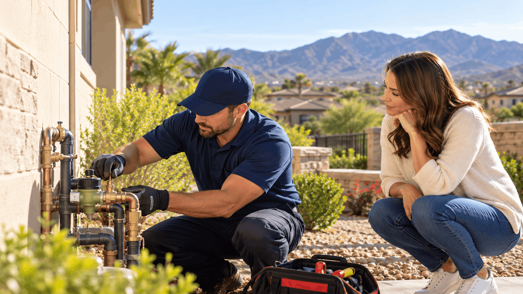 Plumber inspecting outdoor pipe valves at Southern Highlands Las Vegas home with homeowner