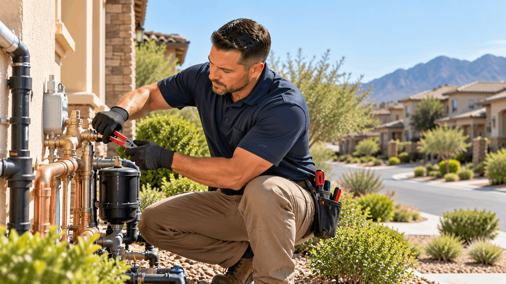 Licensed plumber repairing outdoor irrigation valves and copper pipes at Las Vegas home