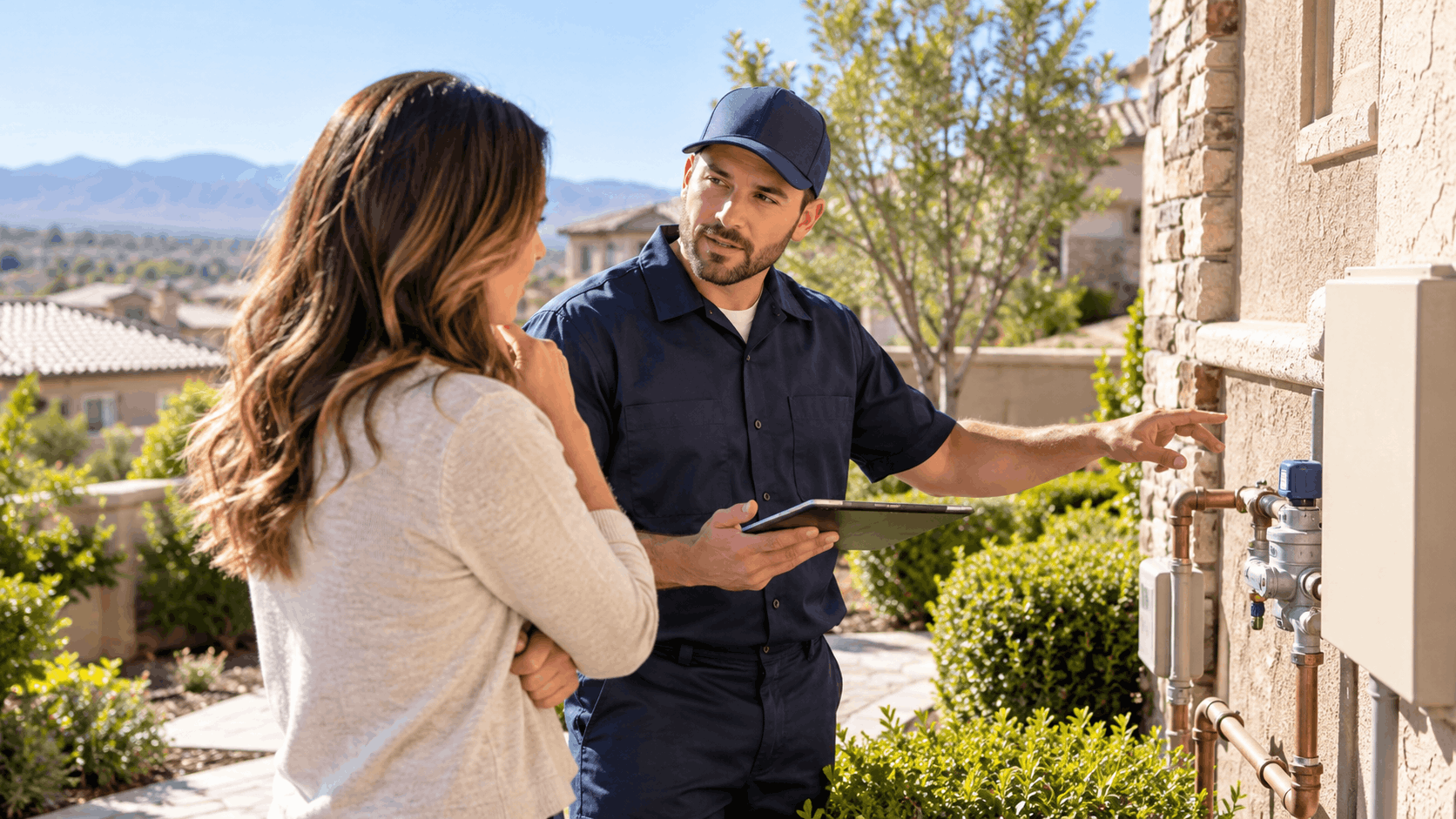 Las Vegas plumber explaining exterior pipe costs to homeowner outside residence